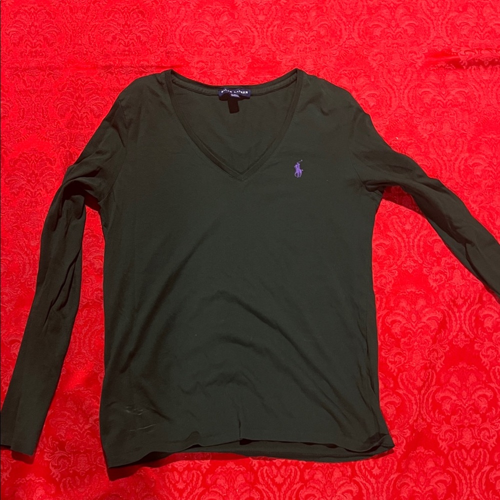 Polo Ralph Lauren Long Sleeve V Neck Top Womens Medium Green Cotton Pony Logo
